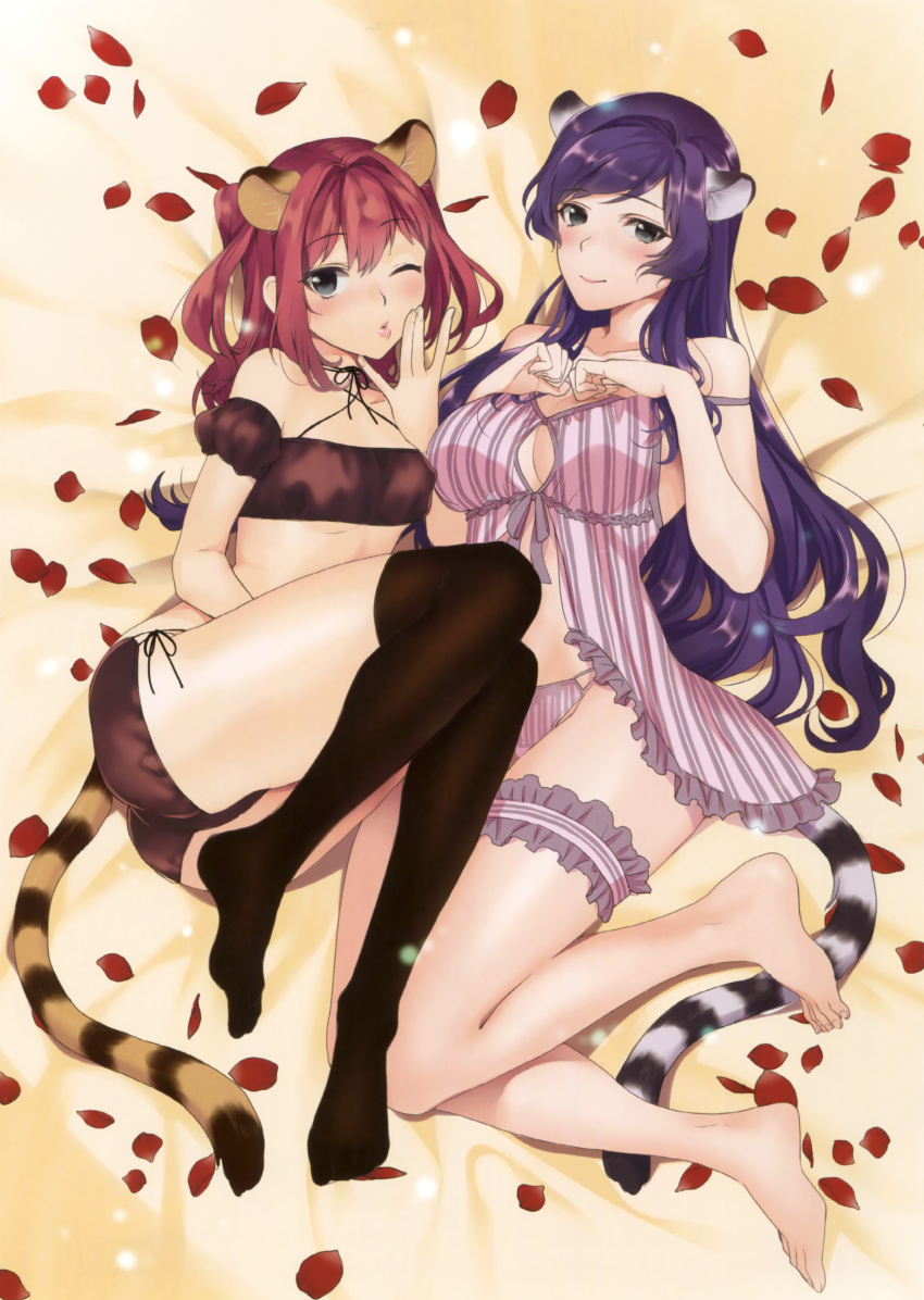 2girls, absurdres, animal_ears, babydoll, barefoot, blush, breasts, cat_ears