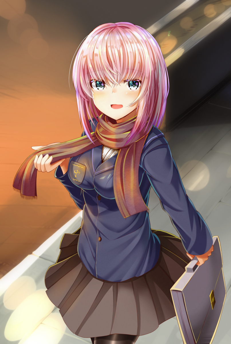 1girl, blue_eyes, blush, briefcase, highres, looking_at_viewer, open_mouth, original, pink_hair, scarf, school_uniform, skirt, smile, thigh-highs, uni_(muniroku), winter