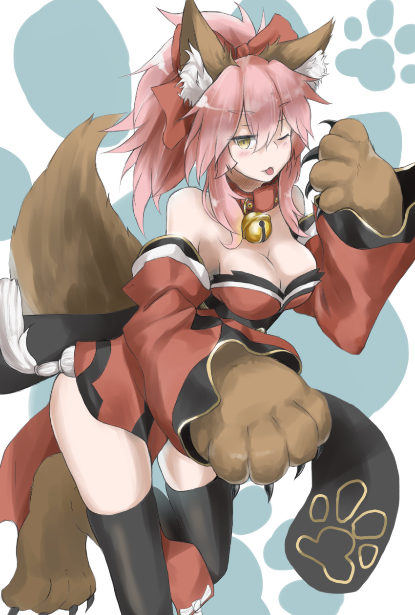 >;p, 1girl, animal_ears, bare_shoulders, bell, bell_collar, black_legwear, blush