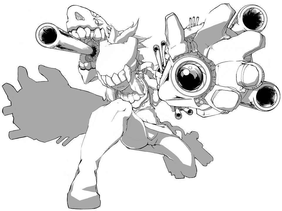 aiming_at_viewer, artist_request, boots, cannon, collar, commentary_request, covered_eyes, foreshortening