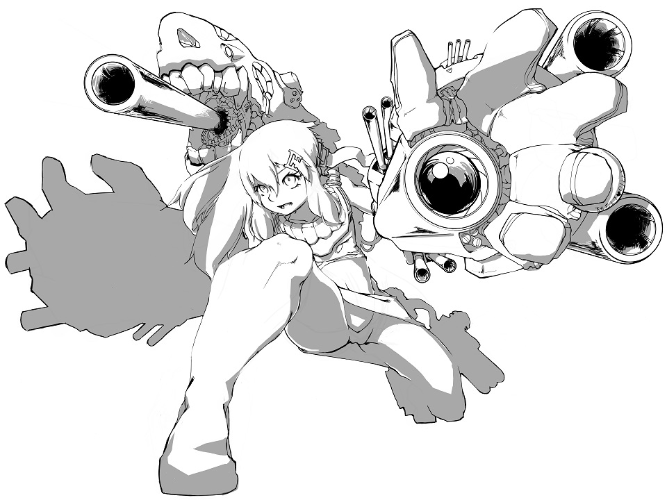 aiming_at_viewer, artist_request, boots, cannon, collar, covered_eyes, foreshortening, giant_hand