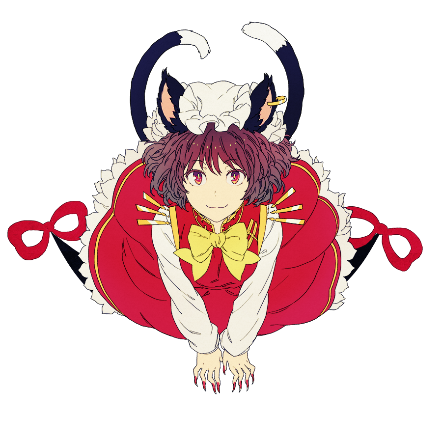 1girl, :3, alternate_eye_color, bangs, brown_hair, cat_tail, chen, colored_eyelashes