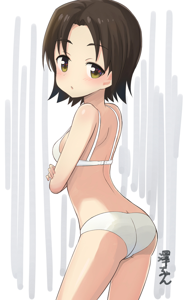 1girl, ass, bangs, blush, bra, breasts, character_name, cowboy_shot