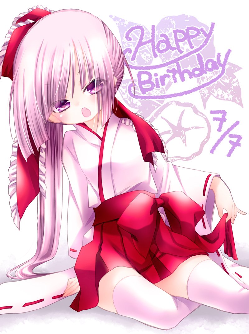 1girl, bow, fang, hair_bow, hakama, happy_birthday, japanese_clothes, long_hair