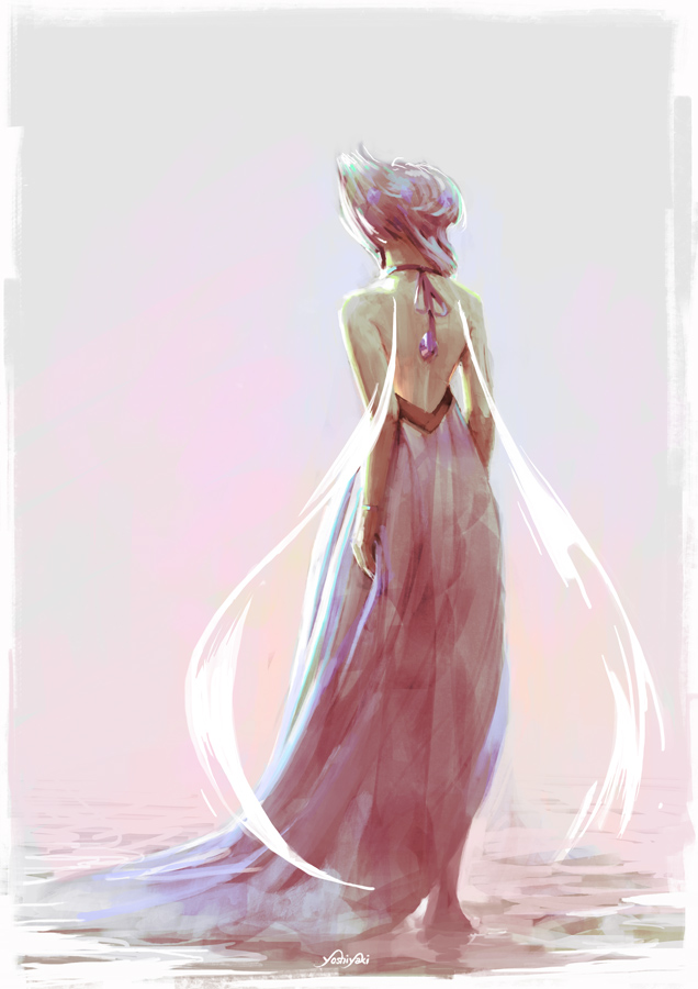 1girl, back, barefoot, beach, blue_hair, blue_skin, cassio_yoshiyaki, dress