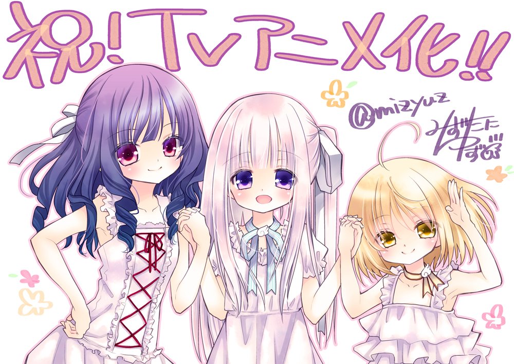 3girls, :d, ahoge, bangs, black_hair, blonde_hair, bow, child