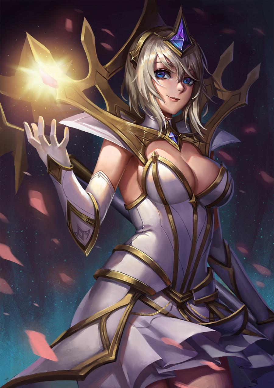 1girl, armpits, bangs, blue_eyes, breasts, cleavage, closed_mouth, cowboy_shot