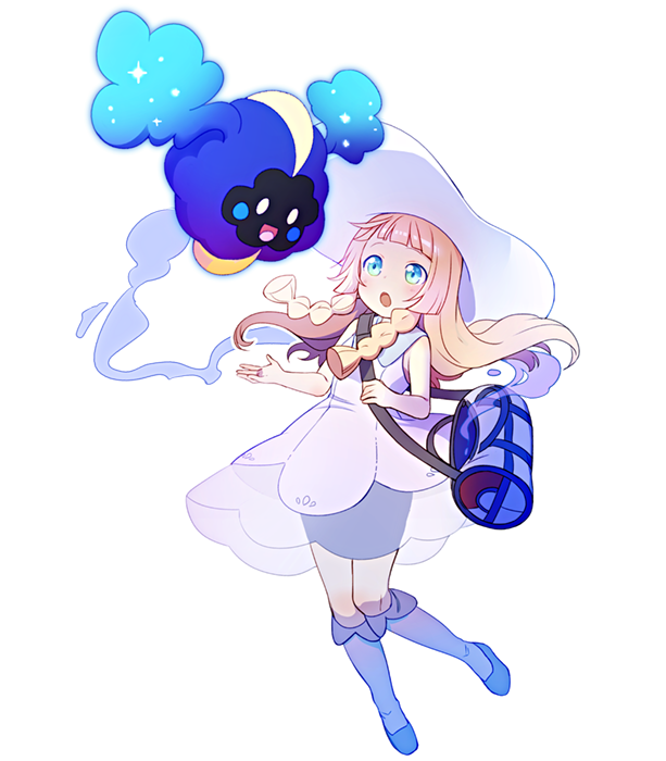 1girl, bag, blonde_hair, braid, chaba_(hortensia), cosmog, dress, duffel_bag