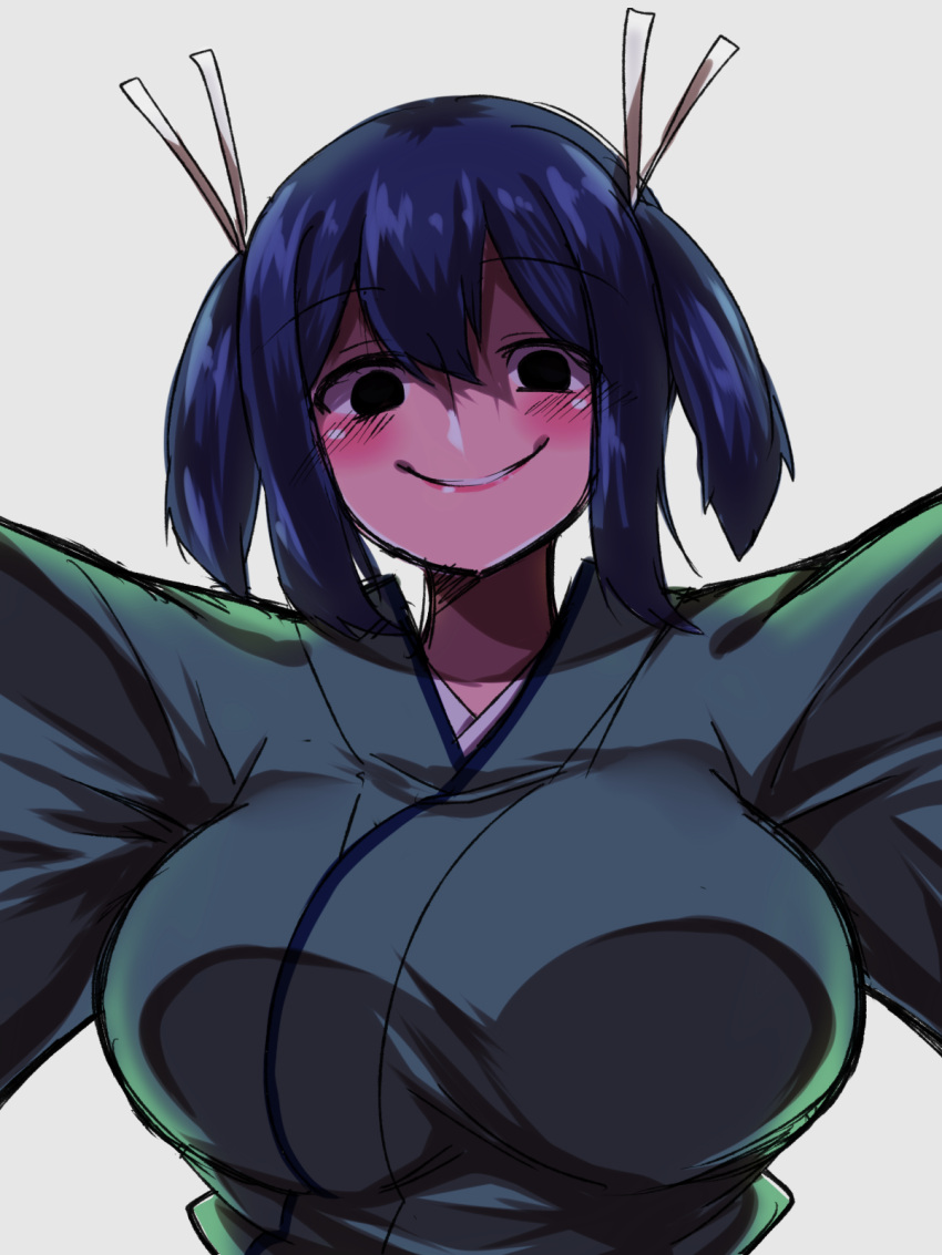 1girl, bangs, black_eyes, blue_hair, blush, breasts, empty_eyes, evil_smile