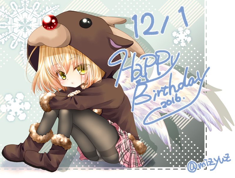 1girl, 2016, angel_wings, animal_hood, birthday, blonde_hair, boots, dated