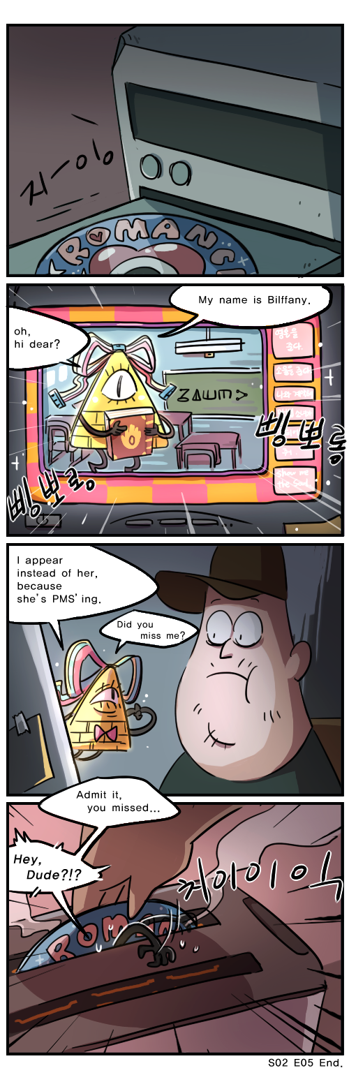 1boy, 4koma, bill_cipher, book, bow, cd, classroom, comic, computer, cosplay, death, engrish, giffany, giffany_(cosplay), gravity_falls, hair_bow, hat, highres, korean, parody, ranguage, soos, spoilers, ssalbulre, toaster, visual_novel, wide-eyed