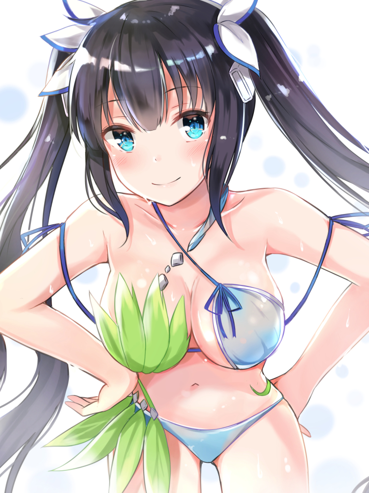 1girl, asymmetrical_bikini, asymmetrical_clothes, bangs, bikini, black_hair, blue_eyes, blush, breasts, circle, cleavage, collarbone, cowboy_shot, criss-cross_halter, dungeon_ni_deai_wo_motomeru_no_wa_machigatteiru_darou_ka, eyebrows_visible_through_hair, hair_ribbon, halter_top, halterneck, hestia_(danmachi), large_breasts, leaf_bikini, leaning_forward, long_hair, looking_at_viewer, navel, ribbon, smile, solo, string_bikini, sweat, swimsuit, tailam, twintails, very_long_hair, white_background, white_bikini, white_ribbon