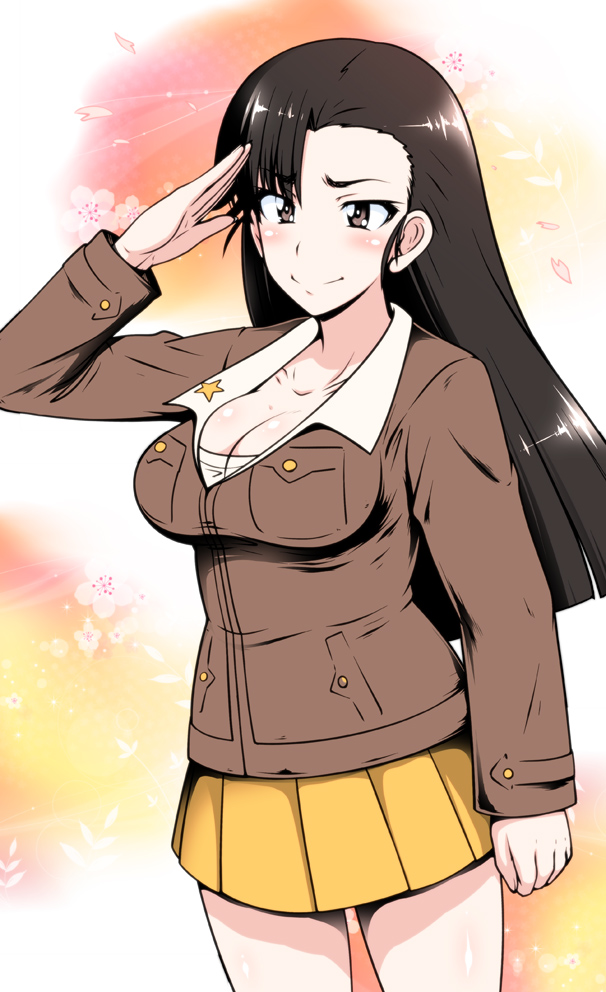 1girl, a-teru_haito, asymmetrical_bangs, bangs, breasts, brown_eyes, brown_hair, cleavage