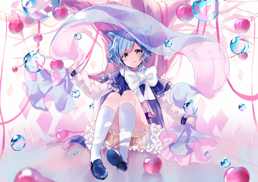 1girl, animal_ears, apple, bloomers, blue_hair, blush, bow, bubble