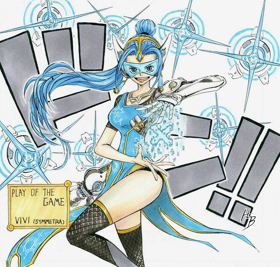 1girl, blue_hair, cosplay, han_seok-bum, mechanical_arm, nefertari_vivi, official_style, one_piece, overwatch, prosthesis, solo, symmetra_(overwatch), symmetra_(overwatch)_(cosplay), visor