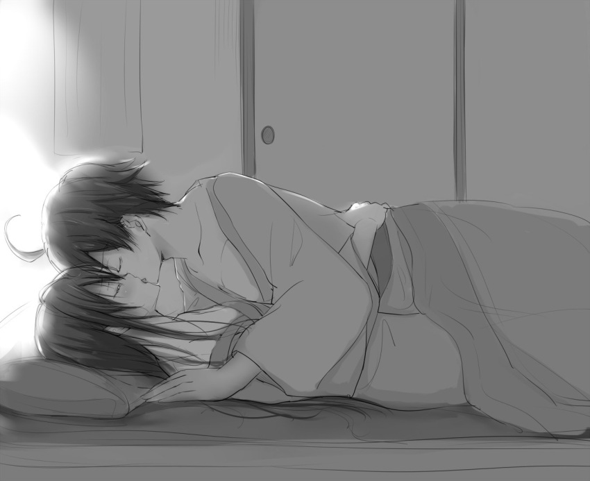 1boy, 1girl, ahoge, bare_shoulders, breasts, closed_eyes, couple, face-to-face