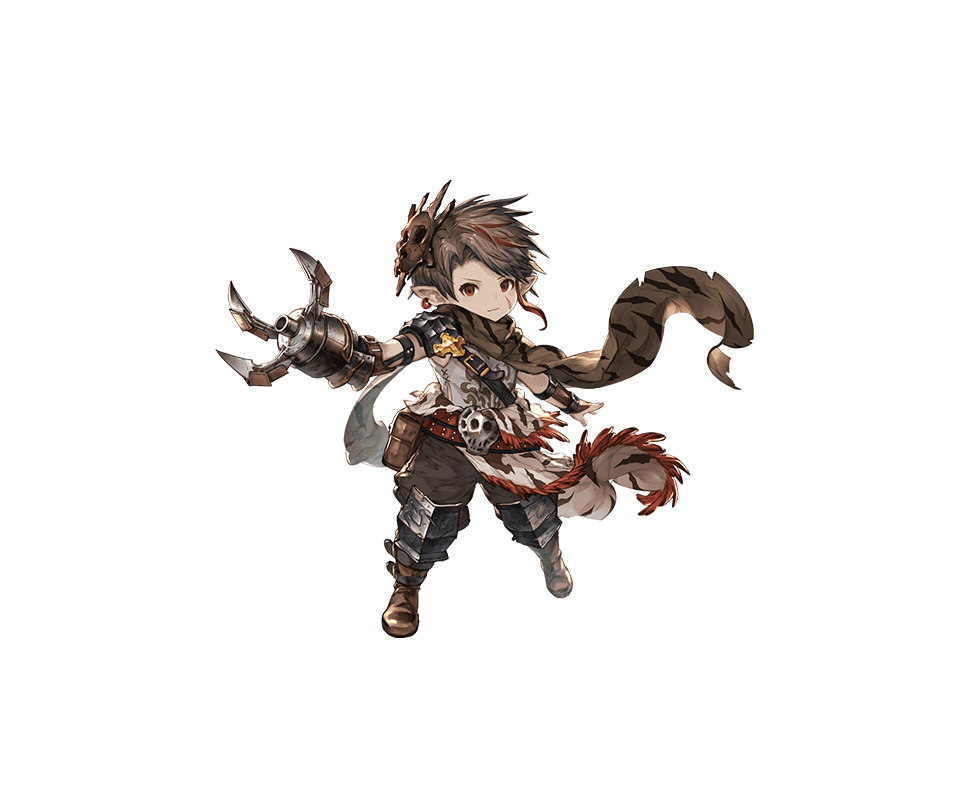 1girl, balurga, belt, boots, brown_hair, granblue_fantasy, harbin, mask, mask_on_head, mechanical_arm, minaba_hideo, multicolored_hair, official_art, pointy_ears, red_eyes, redhead, scar, scarf, short_hair, solo, transparent_background, two-tone_hair