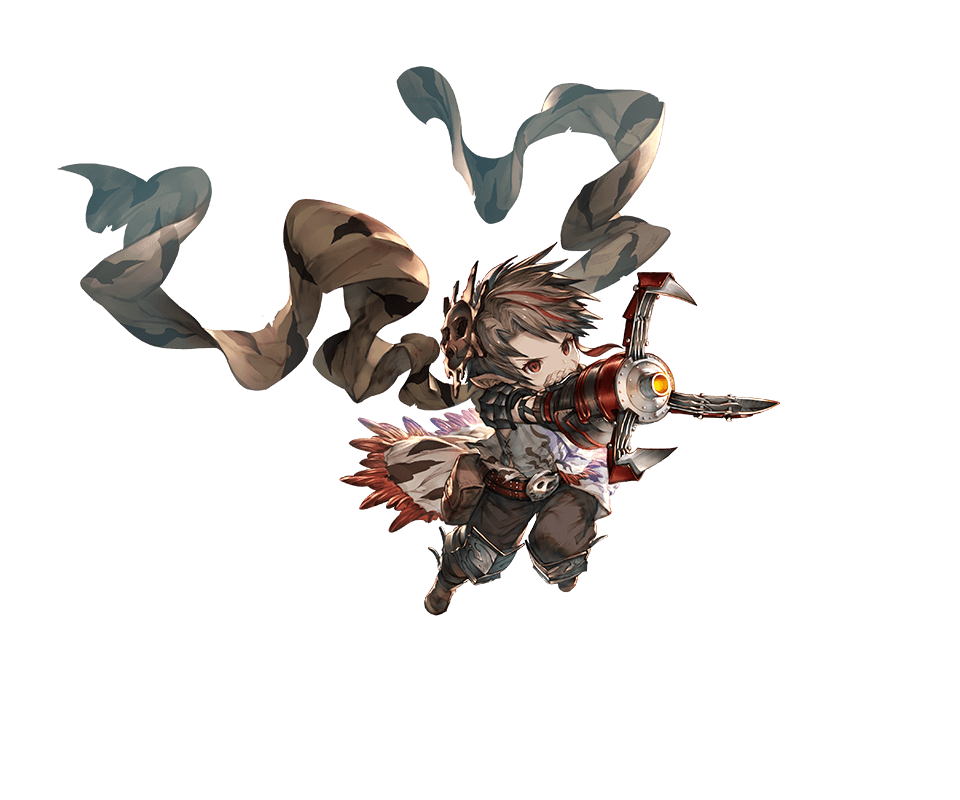 1girl, balurga, belt, boots, brown_hair, granblue_fantasy, harbin, mask, mask_on_head, mechanical_arm, minaba_hideo, multicolored_hair, official_art, pointy_ears, red_eyes, redhead, scar, scarf, short_hair, solo, transparent_background, two-tone_hair