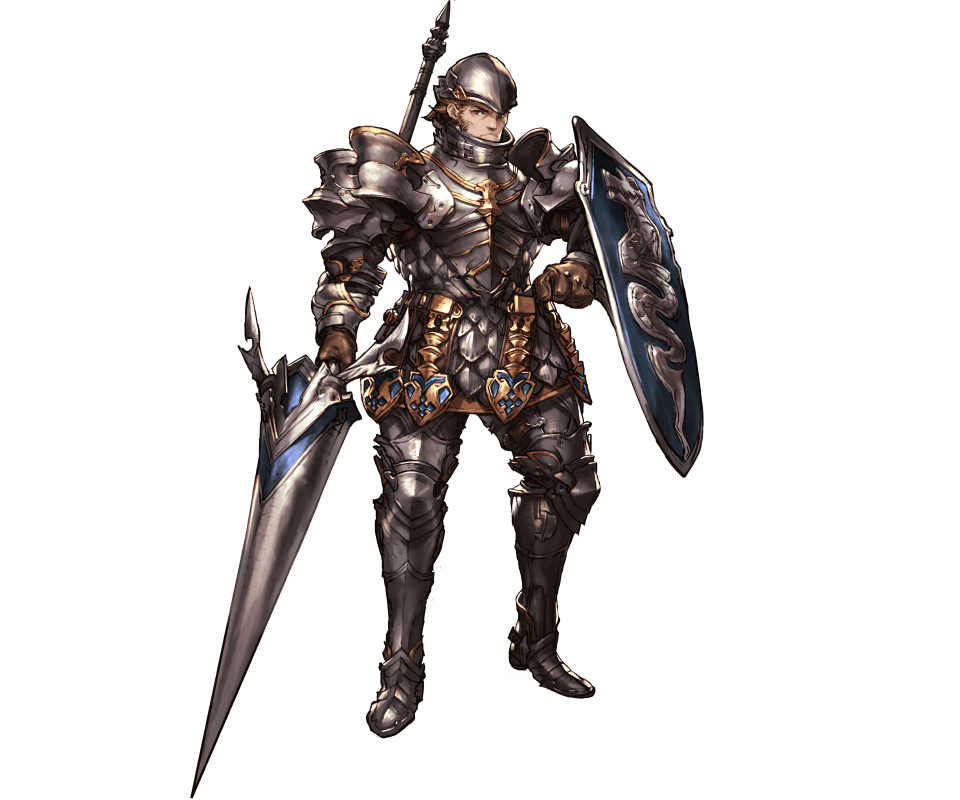 armor, armored_boots, boots, brown_eyes, brown_hair, deliford, gloves, granblue_fantasy, helmet, minaba_hideo, official_art, polearm, shield, solo, spear, transparent_background, weapon