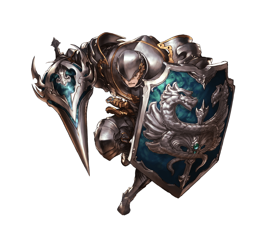 armor, armored_boots, boots, brown_eyes, brown_hair, deliford, gloves, granblue_fantasy, helmet, minaba_hideo, official_art, polearm, shield, solo, spear, transparent_background, weapon