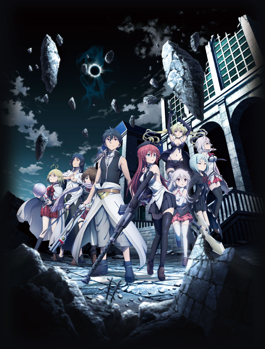 1boy, 6+girls, ahoge, antenna_hair, aqua_hair, arms_up, asami_lilith, black_gloves