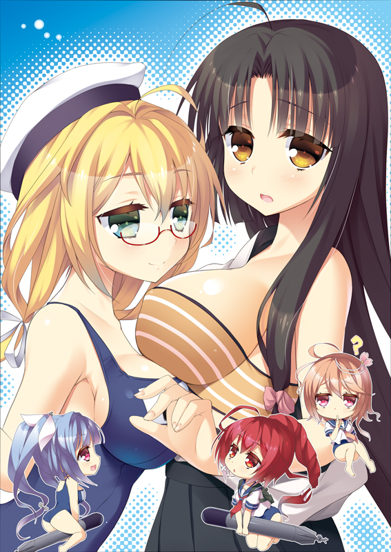 5girls, :d, :o, ?, ahoge, alternate_eye_color, arms_behind_back, asymmetrical_docking