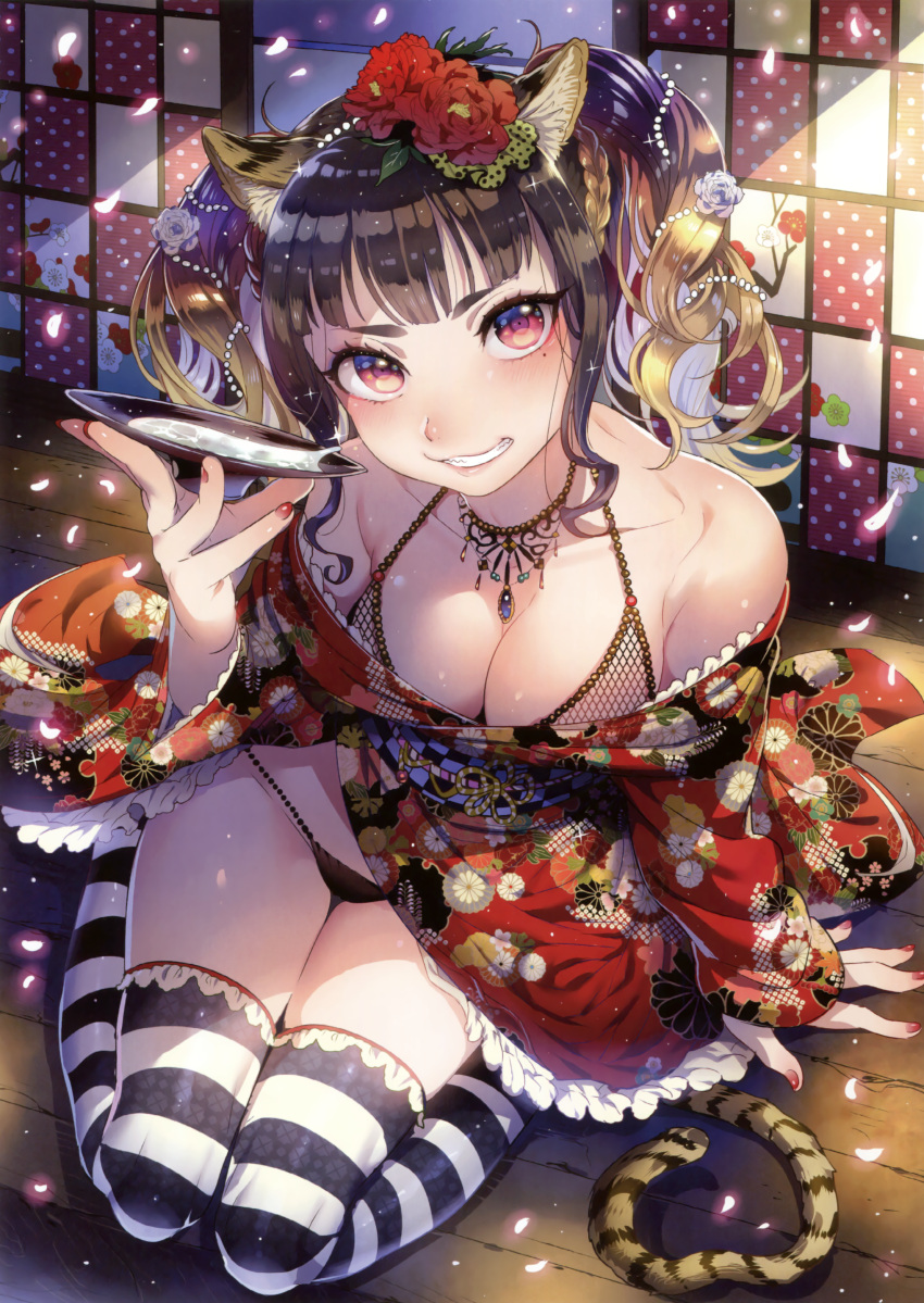 1girl, :d, absurdres, alcohol, animal_ears, arm_at_side, arm_support, bangs