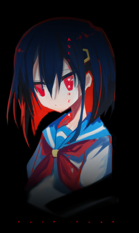 1girl, black_background, blue_hair, check_translation, closed_mouth, expressionless, flip_flappers, hair_between_eyes