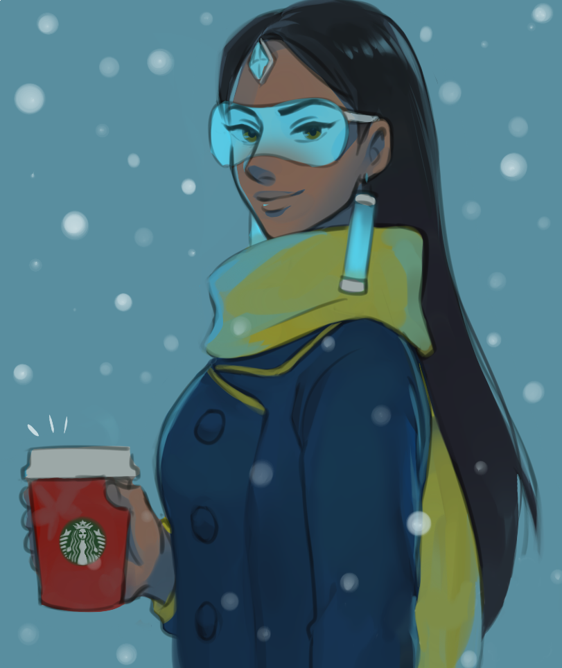 1girl, bangs, black_hair, blue_coat, brown_eyes, buttons, closed_mouth, coat, coffee, cup, cutebimu, dark_skin, drinking_cup, earrings, eyeliner, forehead_jewel, from_side, glasses, hand_up, holding, holding_cup, jewelry, long_hair, long_sleeves, looking_at_viewer, makeup, nose, parted_bangs, scarf, smile, snowing, solo, starbucks, symmetra_(overwatch), upper_body, yellow_scarf