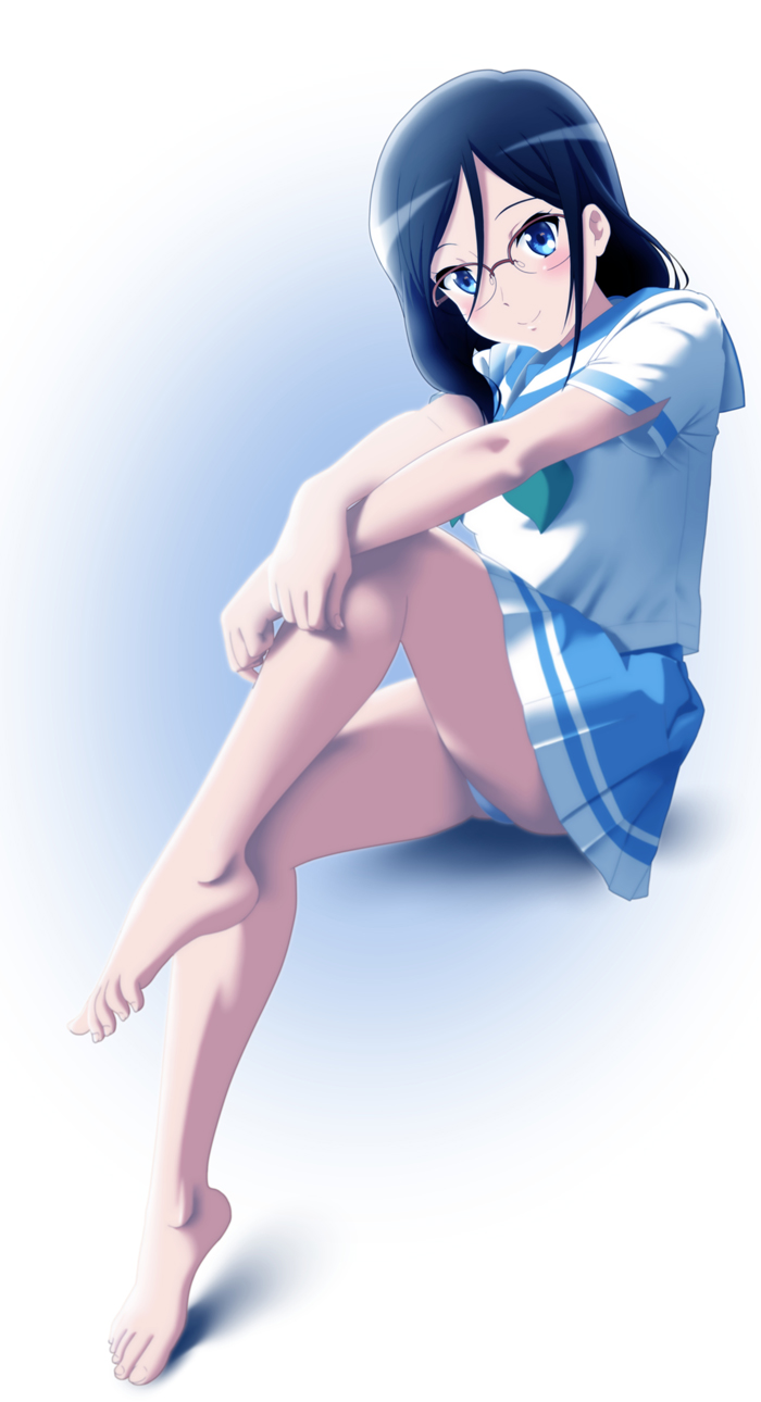 1girl, bare_legs, barefoot, black_hair, blue_eyes, blue_skirt, feet, glasses