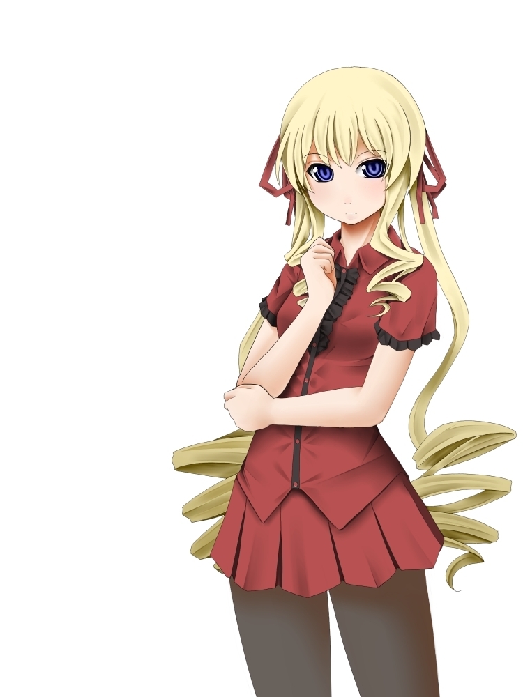 blonde_hair, blue_eyes, chemical-x, drill_hair, hair_ribbon, hair_ribbons, long_hair, pantyhose