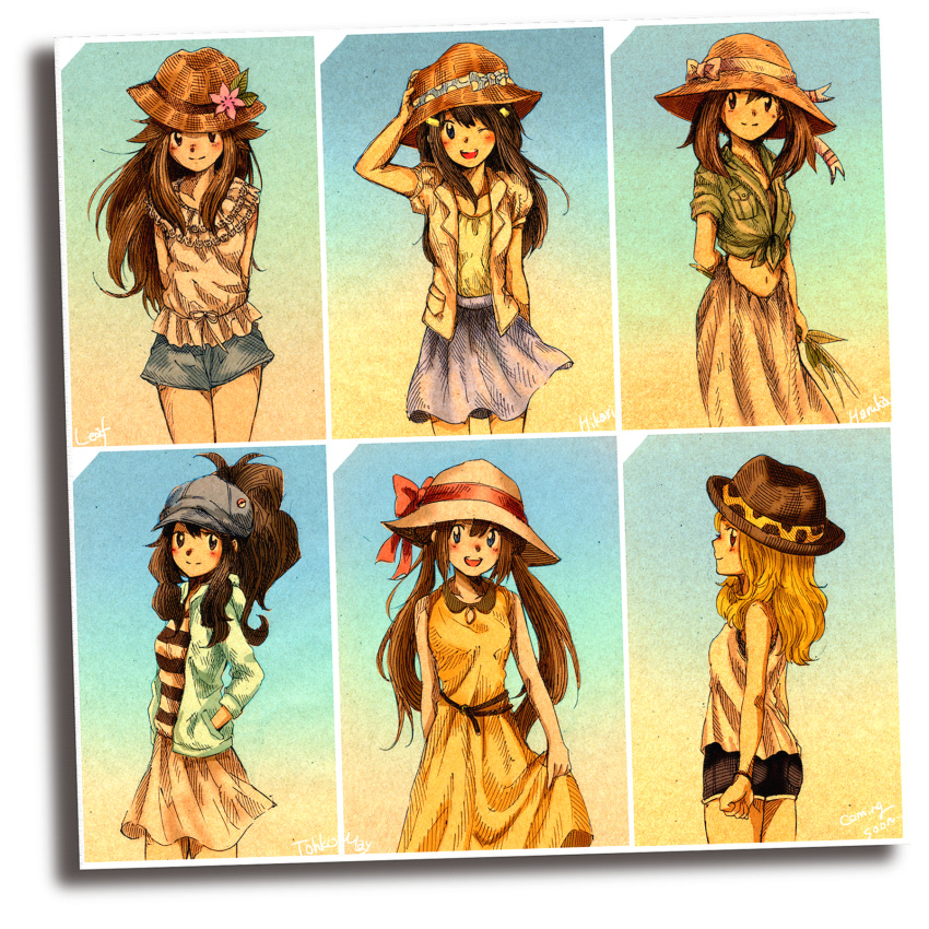6+girls, ;d, adapted_costume, arm_behind_back, arm_up, arms_behind_back, baseball_cap, black_shorts