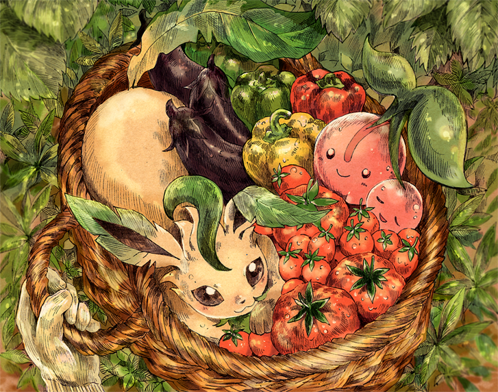 :3, :d, basket, brown_eyes, cherubi, closed_eyes, closed_mouth, eggplant