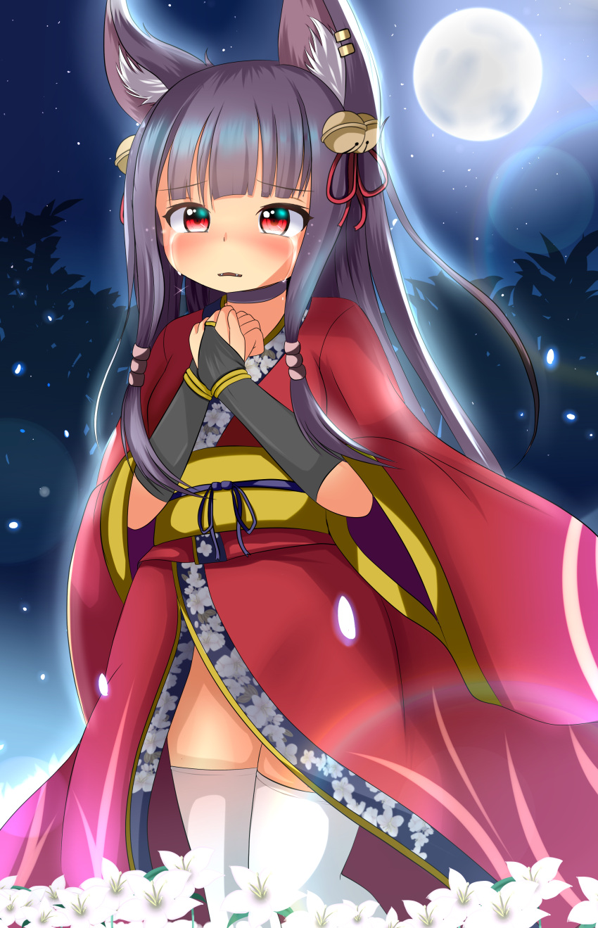 1girl, absurdres, animal_ears, bell, black_hair, bridal_gauntlets, crying, fangs