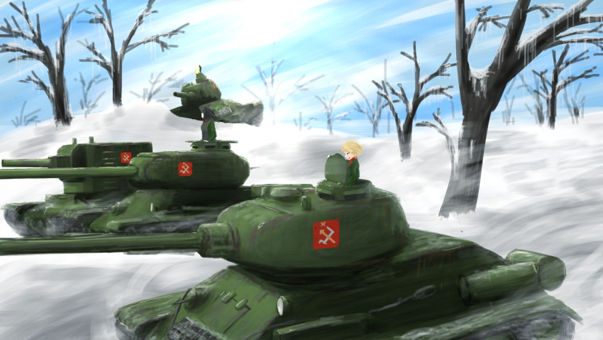 3girls, 746kuchiku, blonde_hair, brown_hair, clara_(girls_und_panzer), girls_und_panzer, ground_vehicle, hairband, highres, is-1, katyusha, kv-2, long_hair, military, military_vehicle, motor_vehicle, multiple_girls, nonna, pravda_(emblem), short_hair, sketch, snow, t-34, tank, winter
