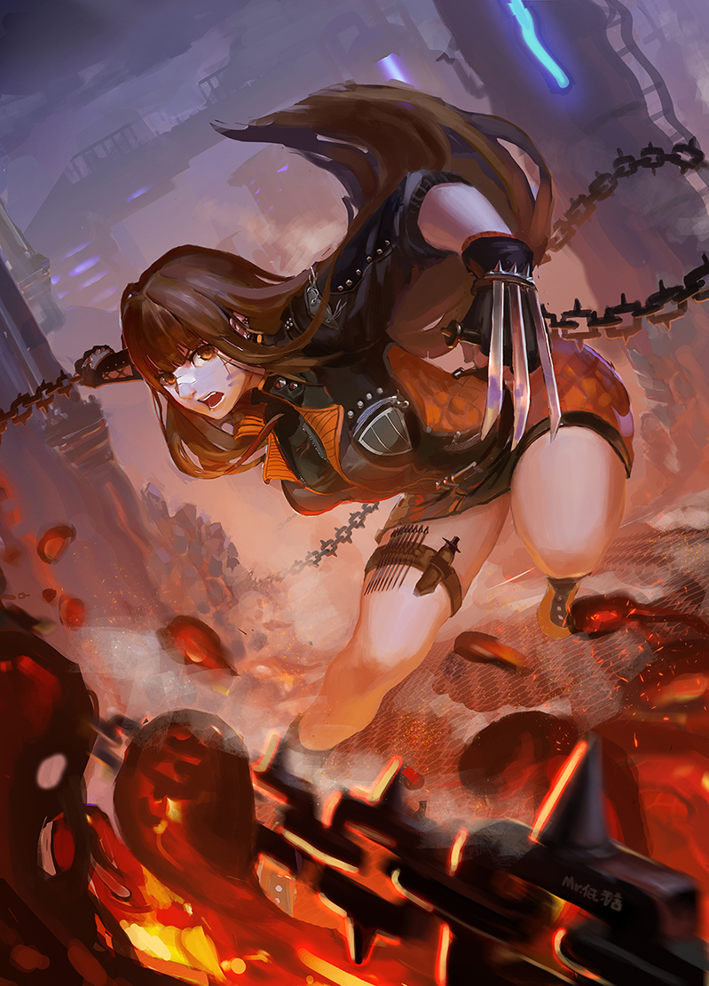 1girl, artist_name, black_gloves, brawler_(dungeon_and_fighter), brown_eyes, brown_hair, chains, character_request