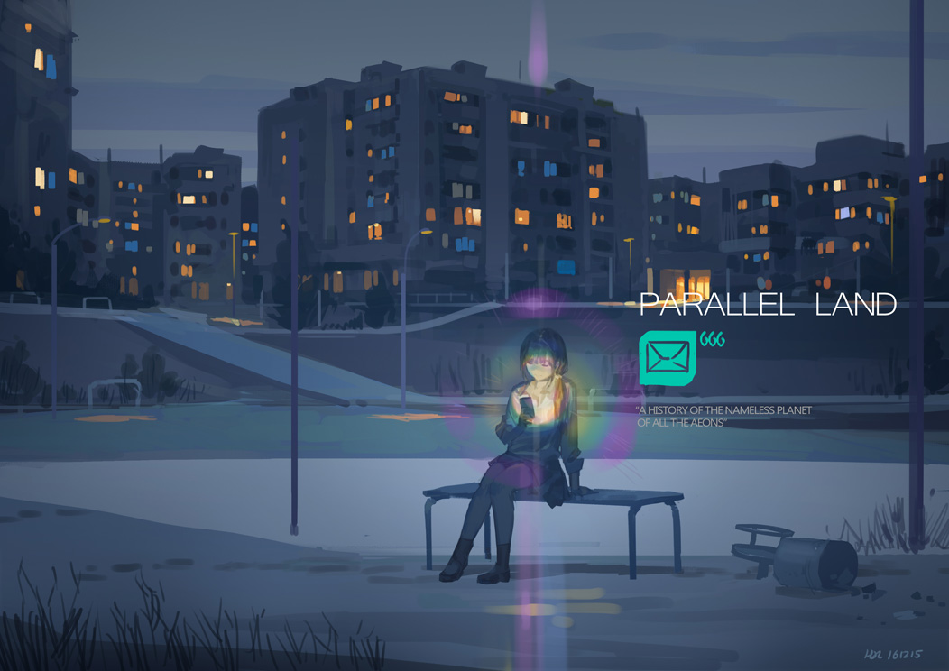 1girl, building, cellphone, city, city_lights, english, glasses, glowing