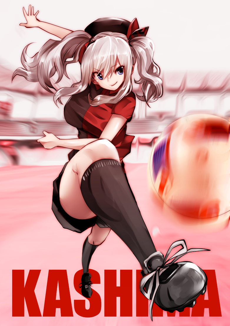 1girl, ball, beret, black_legwear, black_shirt, black_shorts, blurry, blurry_background
