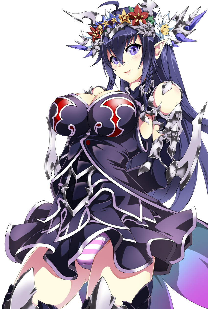 1girl, ahoge, arm_blade, arms_behind_back, black_hair, braid, breasts, flower