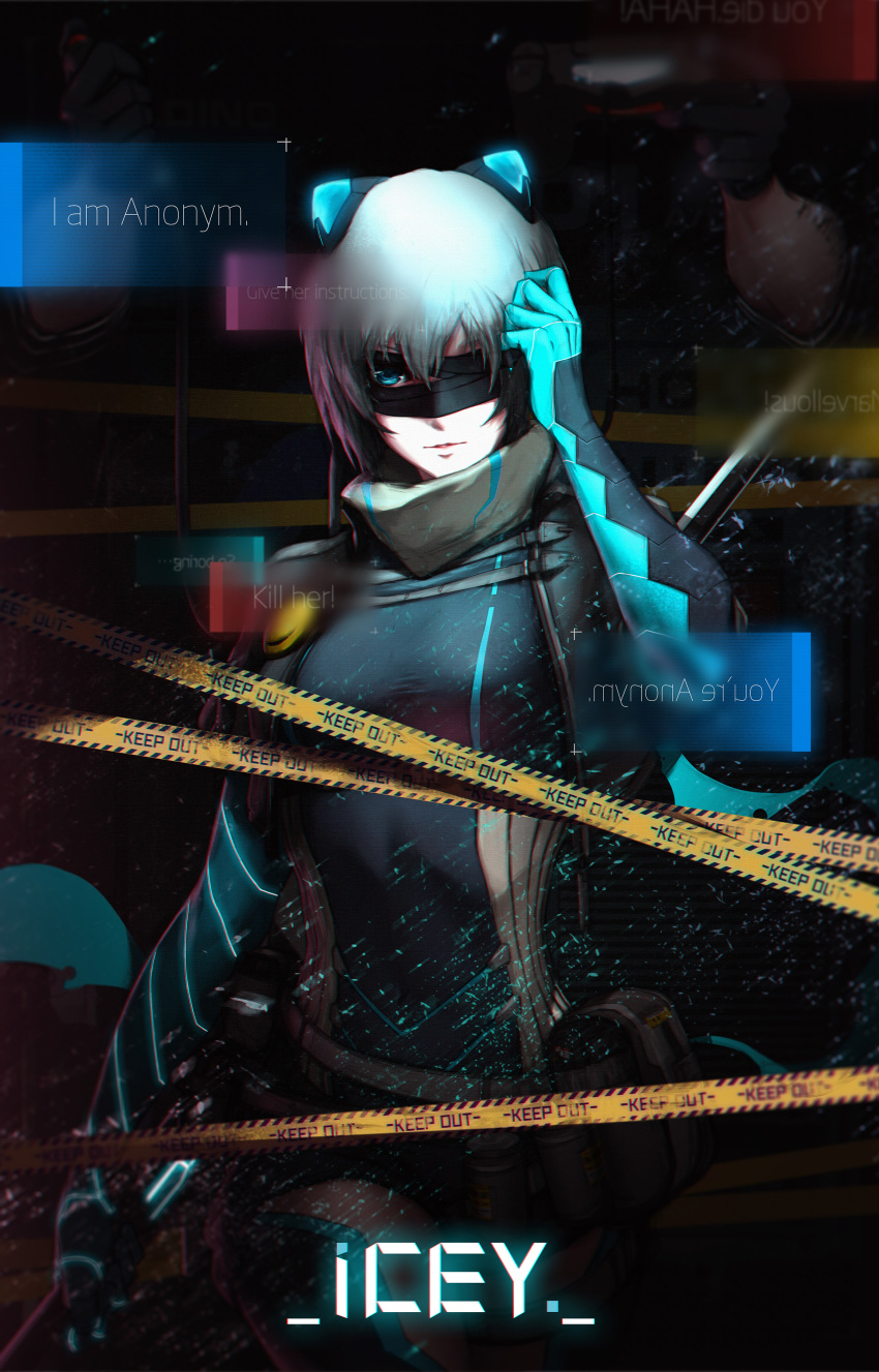 1girl, absurdres, belt, belt_pouch, black_legwear, black_shorts, blonde_hair, blue_eyes, bodysuit, breasts, caution_tape, cowboy_shot, english, explosive, grenade, hair_between_eyes, hand_up, highres, holding, holding_sword, holding_weapon, hologram, icey_(character), icey_(game), katana, keep_out, original, scarf, short_hair, short_shorts, shorts, solo, sword, thigh-highs, tooot, weapon