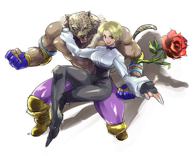 1boy, 1girl, artist_request, crossover, flower, king_(snk), king_(tekken), king_of_fighters