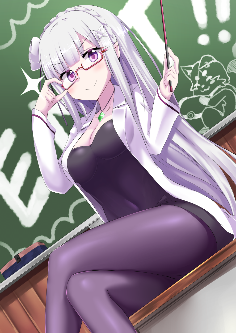 1girl, adjusting_glasses, alternate_costume, bespectacled, blush, breasts, chalkboard, classroom