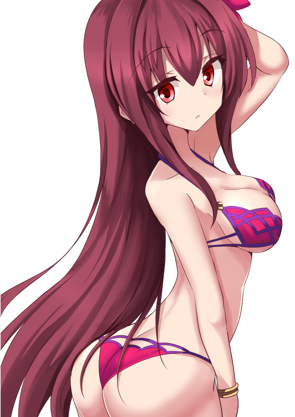 1girl, arm_behind_head, ass, bikini, bracelet, breasts, cleavage, cowboy_shot