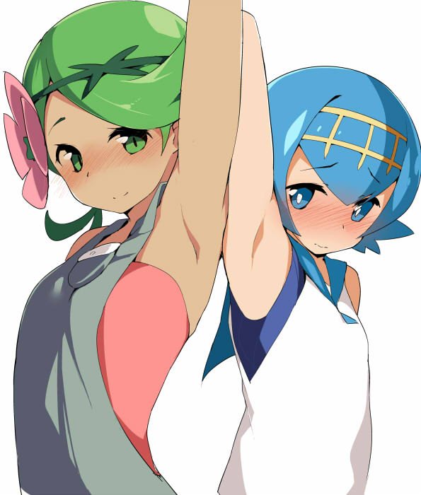 2girls, arm_up, armpits, blue_eyes, blue_hair, blush, dark_skin, flower