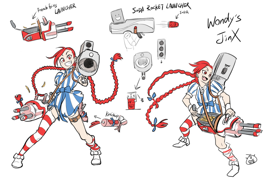 1girl, alternate_costume, alternate_hair_color, braid, cosplay, dress, dual_wielding, fang