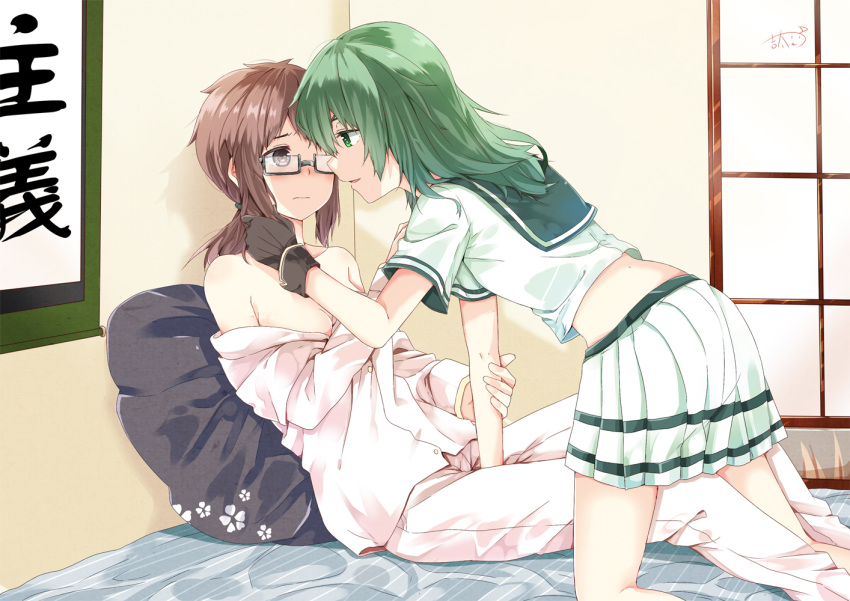 2girls, bare_shoulders, between_legs, black_eyes, black_gloves, blush, brown_hair, eye_contact
