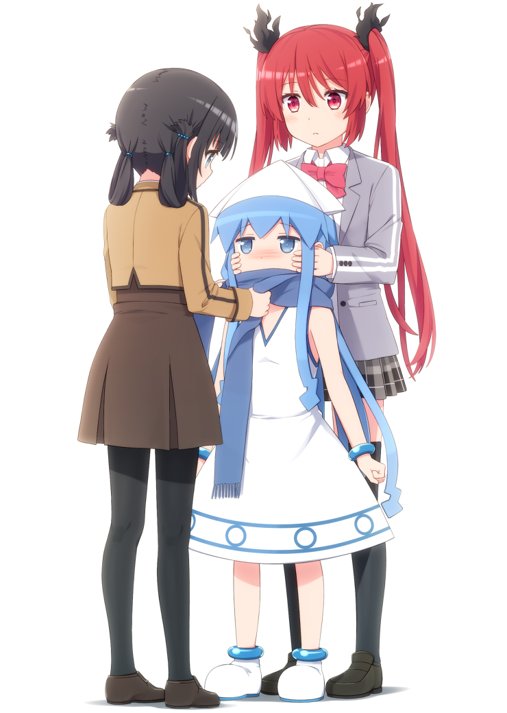 3girls, bangs, black_hair, black_legwear, blazer, blue_eyes, blue_hair, blush