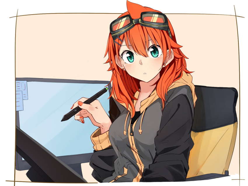 1girl, amano_tora, aqua_eyes, blue_eyes, border, chair, earrings, fingernails, food_themed_earrings, goggles, goggles_on_head, green_eyes, hair_between_eyes, hair_ornament, hairclip, highres, hood, hoodie, jewelry, kazenoko, looking_at_viewer, messy_hair, monitor, nail_polish, orange_earrings, orange_hair, orange_nails, original, outside_border, parted_lips, sitting, solo, stud_earrings, stylus, upper_body
