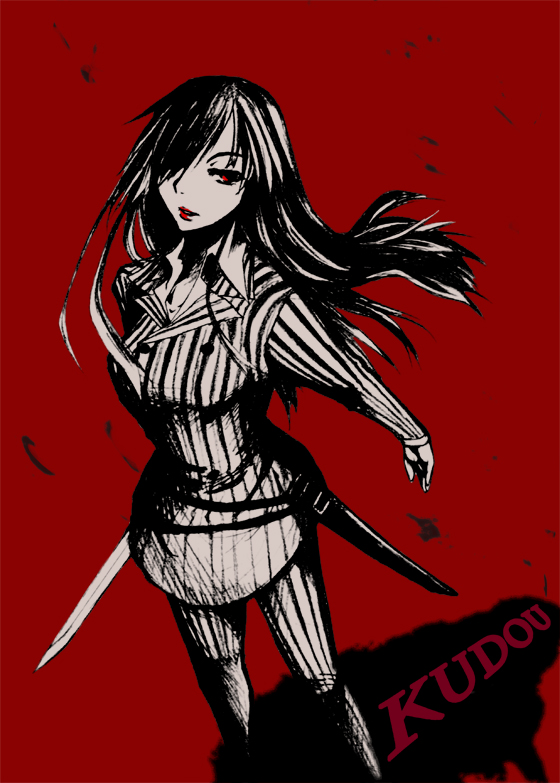 1girl, character_request, dress, female, kudou_(wil0830s), monochrome, pixiv_id_787857, red_background, solo, solo_focus, spot_color, sword, weapon