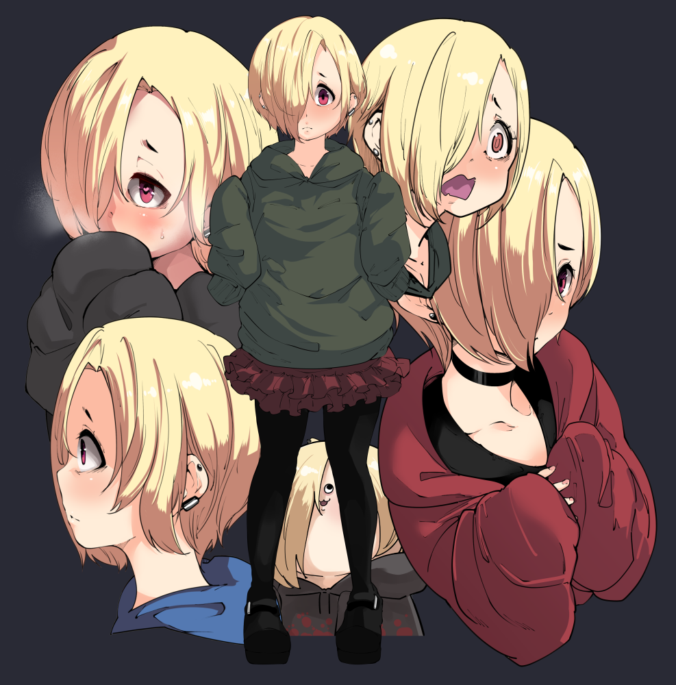 black_background, black_legwear, blonde_hair, blush, brown_eyes, choker, ear_piercing, earrings